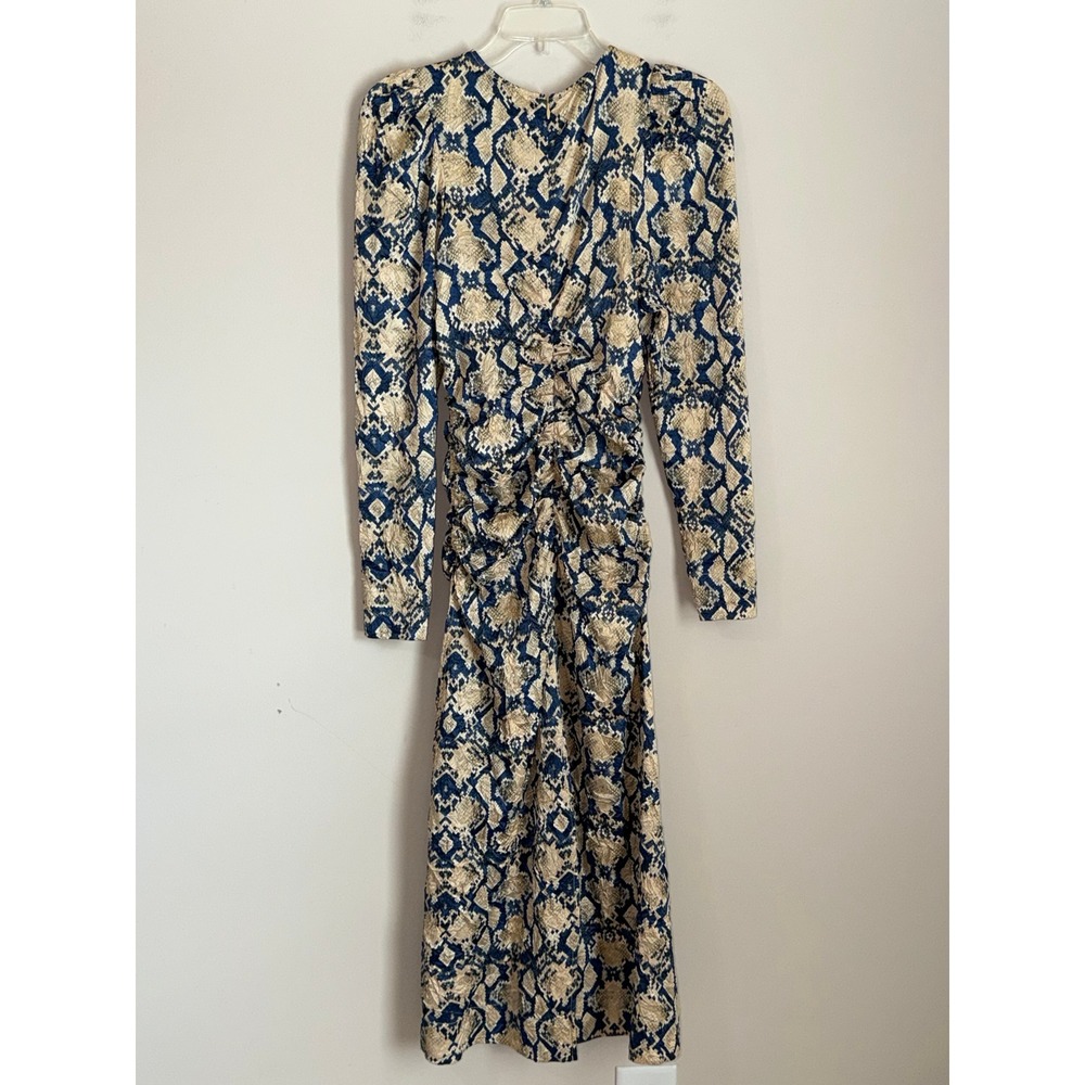 NWT Ganni Midi Dress Womens 6 Blue Tan Snakeskin Ruched Puff Sleeve - Picture 4 of 15